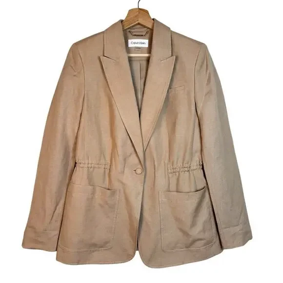 NWOT Calvin Klein Womens Linen Cinched Blazer Size 6 One Button Tan Breathable - Picture 4 of 14